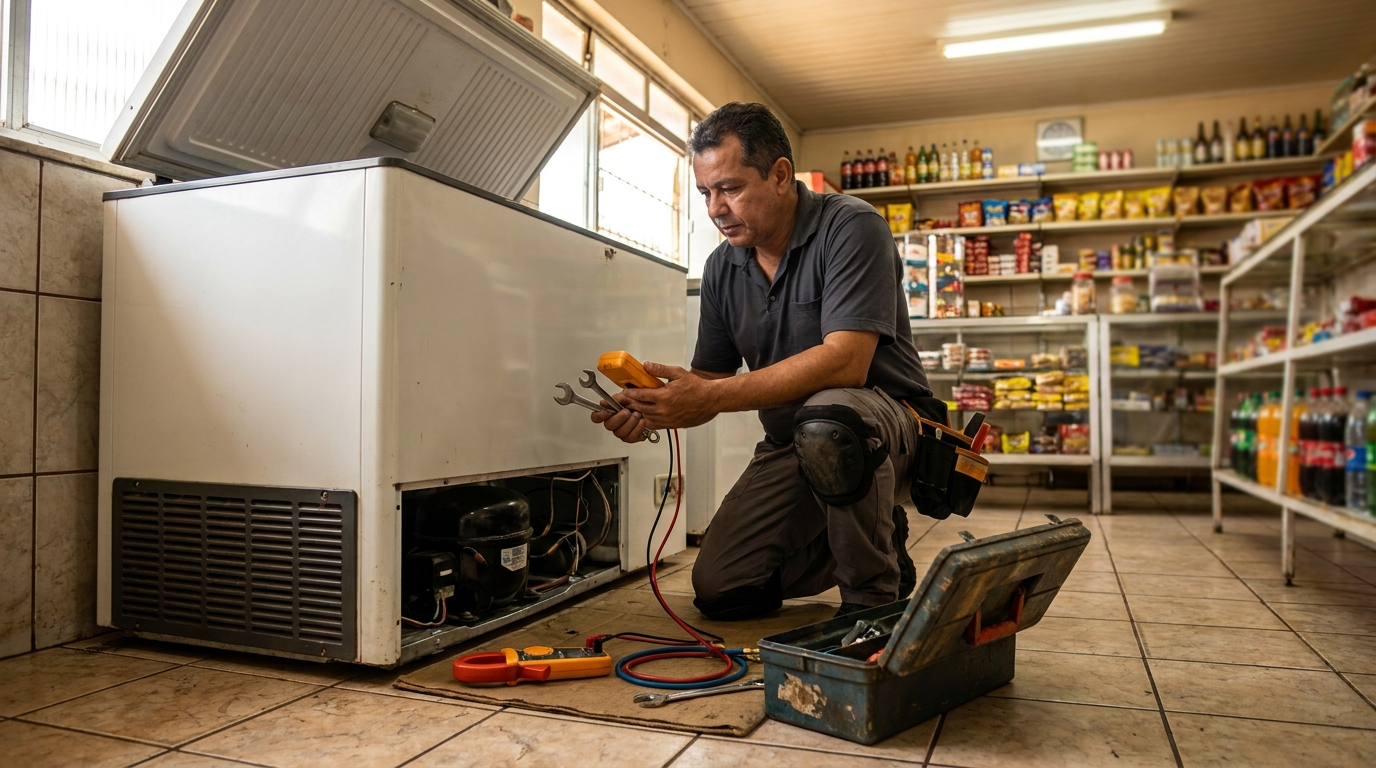 Profissional executando manutenção no motor de freezer em Praia Grande‑SP