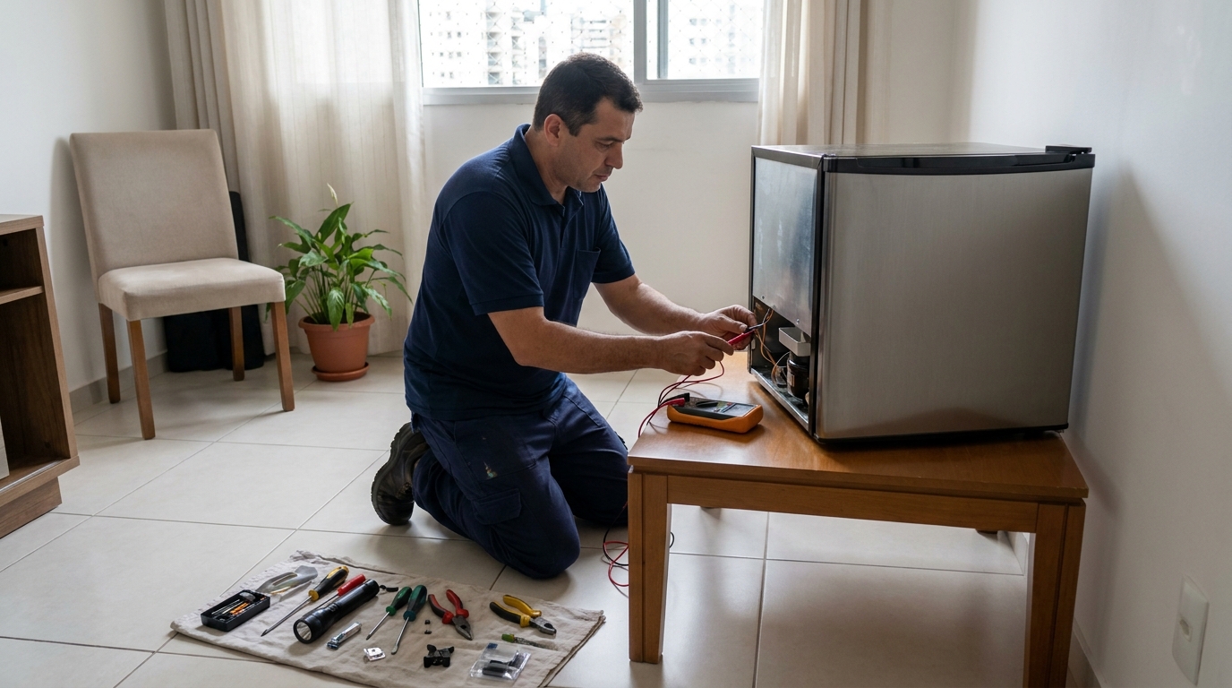 Técnico fazendo manutenção do motor de frigobar em Praia Grande‑SP